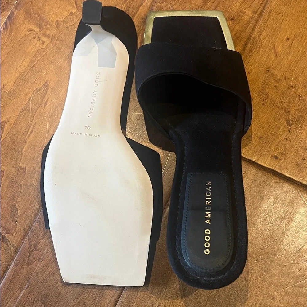Good American Black and Gold Sandals